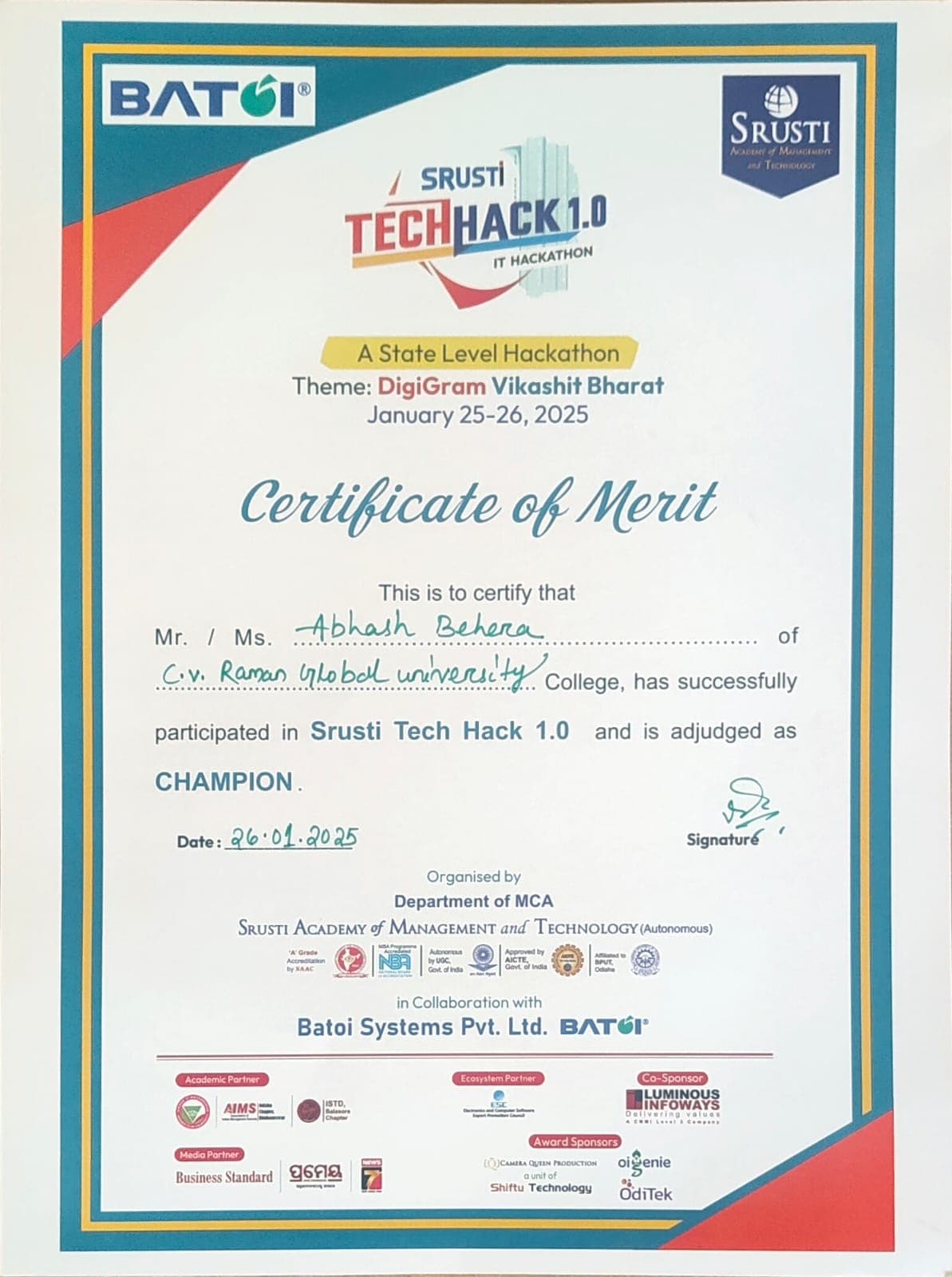 Hackathon Wins Certificate